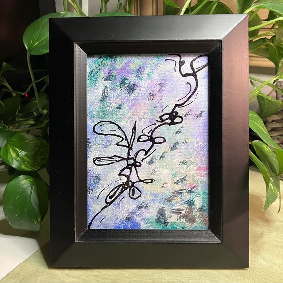 Original Abstract Framed Acrylic Floral Line Art Painting, 5x7" - Picture 14 of 14
